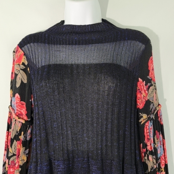 Free People Black Metallic Floral Knit Dress Sz S Ballon Sleeve Cottagecore Fall - Picture 4 of 12